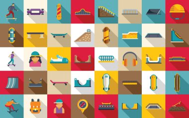 Paten parkı simgeleri düz vektör oluşturdu. Paten kayma numarası. Rampa genç aşırı