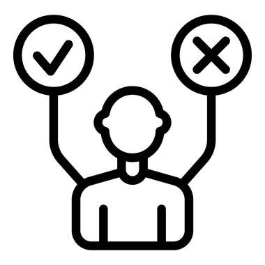 Düşünceli insan ikonu ana hatları vektörü. Çözüm için iki seçenek var. Doğru seçimi yapmak.