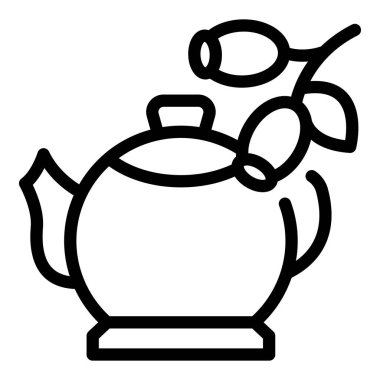 Rosehip infüzyon çaydanlık ikonu ana hat vektörü. Doğal çay içeceği. Vitamin antioksidan içeceği.
