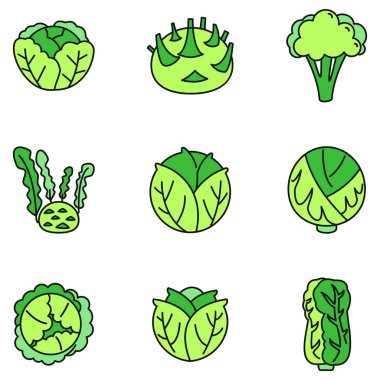 Tarım lahana simgeleri hazır. Tarım lahanası ikonlarının ana hatları beyaz üzerine ince çizgi rengi