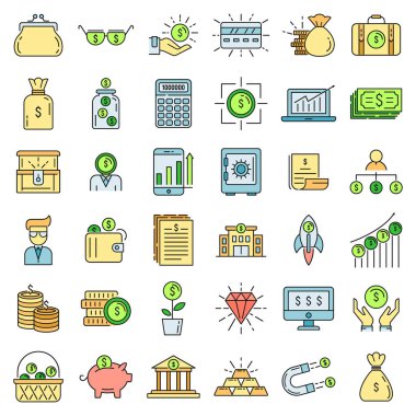 Milyoner simgeleri ayarlandı. Milyoner vektör simgelerinin ana hatları beyaz üzerine ince çizgi rengi