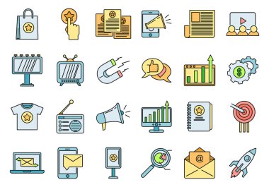 Kampanya adword simgeleri ayarlandı. Kampanya ek sözcüğü vektör simgelerinin ana hatları beyaz üzerine ince çizgi rengi düz