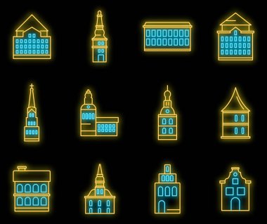 Riga Letonya simgeleri ayarlandı. Riga Letonya vektör simgelerinin ana hatları siyah üzerine neon rengi