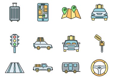 Yol gezisi ikonları hazır. Yol gezisi vektör simgelerinin ana hatları beyaz üzerine ince çizgi rengi düz