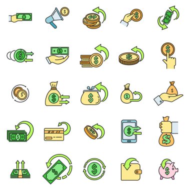 Para iadesi ikonları ayarlandı. Taslak para geri ödeme vektör simgeleri ince çizgi renk düz beyaz