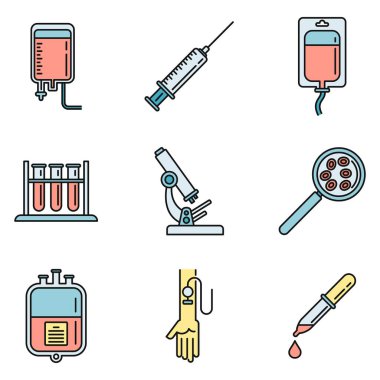 Kan nakli bağış simgeleri ayarlandı. Kan nakli vektör ikonlarının ana hatları beyaz üzerine ince çizgi rengi düz