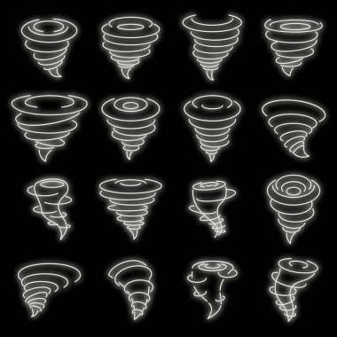 Tornado hava ikonları ayarlandı. Tornado hava vektör simgelerinin ana hat seti siyah üzerine neon rengi