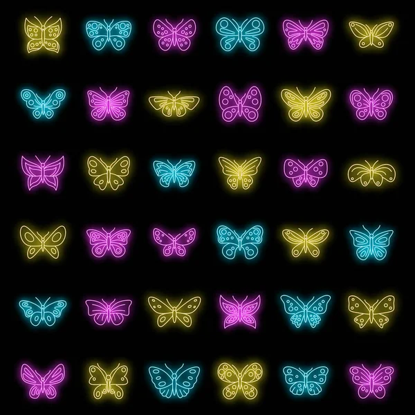 Butterfly insect icons set. Outline set of butterfly insect vector icons neon color on black
