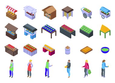 Sokak yiyeceği meyve pazarı ikonları izometrik vektör belirledi. Doğal ürün. Çiftlik tedarikçisi organik