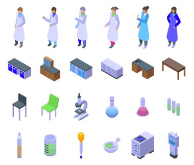 Öğrenci üniversite laboratuvar simgeleri izometrik vektör ayarlandı. Cam tüp. Laboratuar icat iksiri.