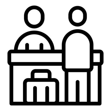 Uçuş yolcusu kontrol ikonu ana hatları vektörü. Kontrol havaalanı sayacı. Seyahat denetimi