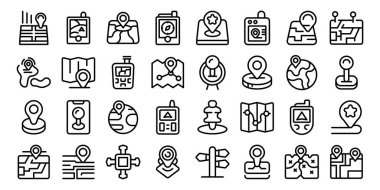 Coğrafi ikonlar ana vektörü belirledi. Seyahat şehri haritası. Yol İnsanları Ağı