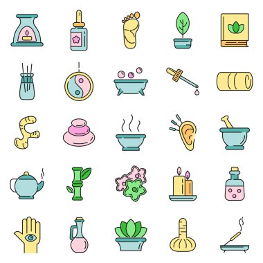 Ayurveda simgeleri ayarlandı. Ayurveda vektör simgelerinin ana hatları beyaz üzerinde ince çizgi rengi düz