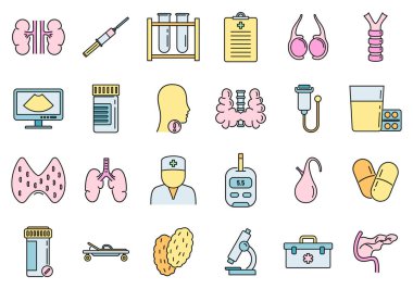 Endokrinolog doktor ikonları hazır. Endokrinolog doktor vektör simgeleri beyaz üzerine ince çizgi rengi