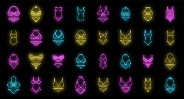 Modern mayo ikonları hazır. Modern mayo vektör simgelerinin ana hatları siyah üzerine neon rengi