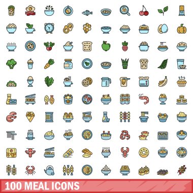 100 yemek ikonu hazır. Yemek vektörü simgelerinin renk çizgisi beyaz üzerine ince çizgi rengi