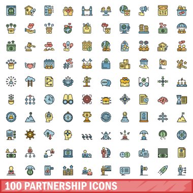 100 ortaklık simgesi ayarlandı. Renk çizgisi ortaklık vektör simgeleri beyaz üzerine ince çizgi rengi düz