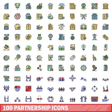 100 ortaklık simgesi ayarlandı. Renk çizgisi ortaklık vektör simgeleri beyaz üzerine ince çizgi rengi düz