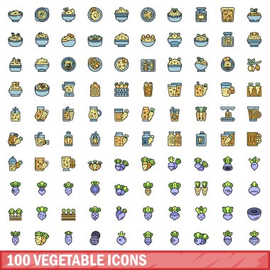 100 sebze ikonu. Sebze vektör simgelerinin renk çizgisi beyaz üzerine ince çizgi rengi