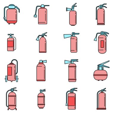 Alarm yangın söndürme ikonları kuruldu. Alarm yangın söndürücü ikonlarının ana hatları beyaz üzerine ince çizgi rengi