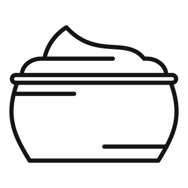 Krem kavanoz maskeli deri ikonu ana hatları vektörü. Kore kozmetik ürünleri. Vücut jeli fırçası