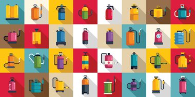 Böcek ilacı spreyi simgeleri düz vektör oluşturdu. Basınçlı bahçe çimenleri. Sprey alanı