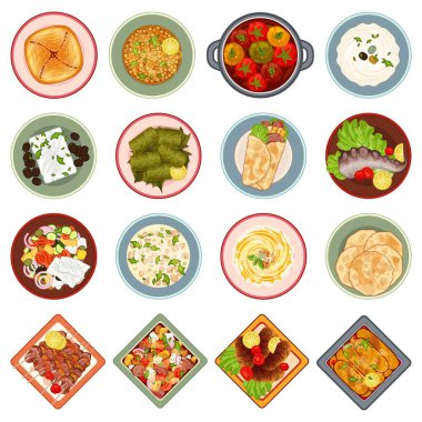 Yunan yemek ikonları çizgi film vektörünü ayarladı. Feta tavuk yemeği. Salata kasesi.