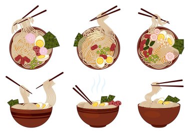 Ramen simgeleri çizgi film vektörünü ayarladı. Samuray baharatı. Kase yemek çorbası
