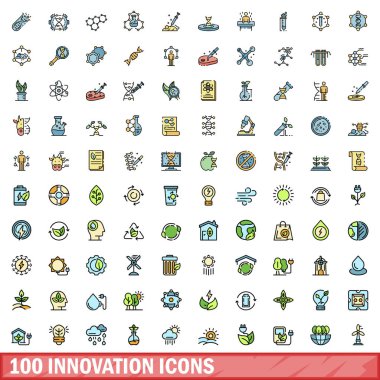 100 yenilik simgesi belirlendi. Yenilikçi vektör simgelerinin renk çizgisi beyaz üzerine ince çizgi rengi