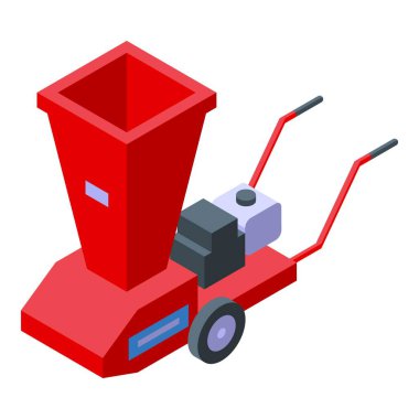 Kırmızı renkli bahçe parçalayıcı ikon izometrik vektörü. İş budayıcı. Elektrikli testere robot