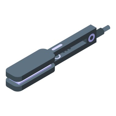 Yeni saç düzleştirici ikon izometrik vektörü. Sıcaktan bunalmış bir kadın. Seramik berber