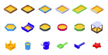 Sandbox simgeleri izometrik vektör ayarladı. Oyuncak çocuk parası. Kova çocuklar.