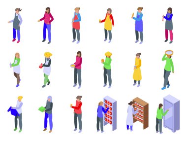 Kız satıcı simgeleri izometrik vektör ayarladı. Satıcı sokak şehri. Karşı pazar