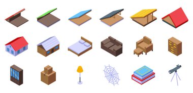 Garret simgeleri izometrik vektör ayarladı. Tavan arası. Ev odası, Mansard.