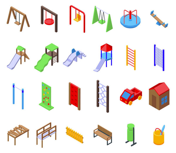 Kindergarten outdoor recreation area icons set isometric vector. Children play. City park