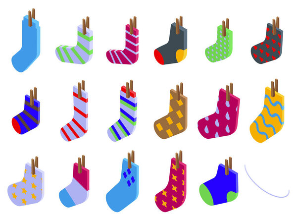 Clothesline sock icons set isometric vector. Drying rope pair. Hanging clothes