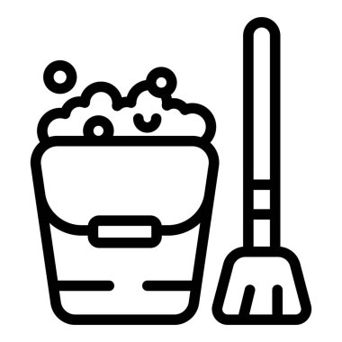 Köpüklü, temiz kova ikonu ana hatları vektörü. Mekanik olarak temiz zemin. Yürüyüş yolu