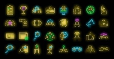 Acemi ajansı simgeleri ayarlandı. Teşkilat vektör simgelerinin ana hatları siyah üzerine neon rengi