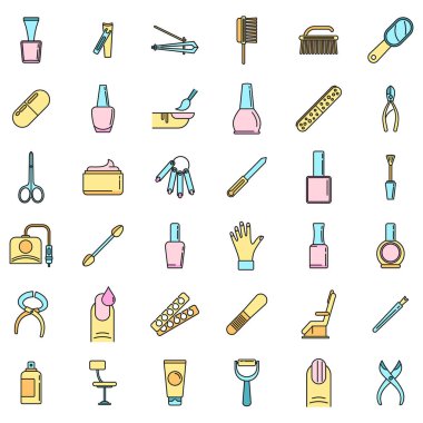 Ev manikürcüsü ikonları hazır. Ev manikürcüsü vektör simgelerinin ana hatları beyaz üzerine ince çizgi rengi düz