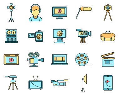 Video kameraman simgeleri ayarlandı. Görüntü kameramanı vektör simgelerinin ana hatları beyaz üzerine ince çizgi rengi düz