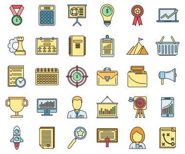 İş ürünleri yöneticisi simgeleri ayarlandı. İş ürünleri ürün yöneticisi vektör simgelerinin ana hatları beyaz üzerine ince çizgi rengi düz