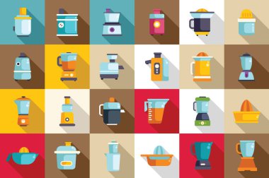 Meyve sıkacağı simgeleri düz vektör ayarlıyor. Yemek mutfağı. Evde meyve kahvaltısı