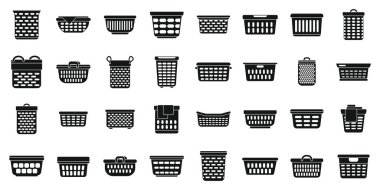 Çamaşır sepeti simgeleri basit bir vektör ayarlar. Kirli giysiler. Yığın hasırı