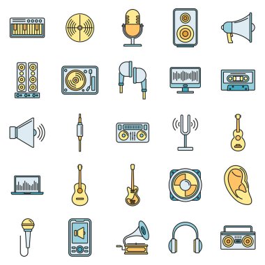 Akustik ses simgeleri ayarlandı. Akustik ses vektör simgelerinin ana hatları beyaz üzerine ince çizgi rengi düz