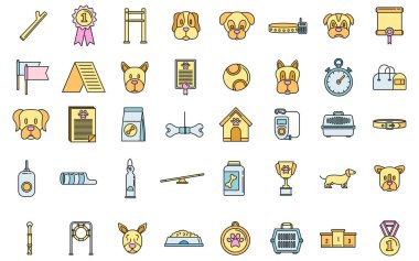 Köpek bakıcısı eğitmeni simgeleri ayarlandı. Köpek eğitmeni vektör simgelerinin ana hatları beyaz üzerinde ince çizgi rengi düz