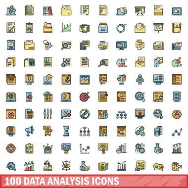100 veri analiz simgesi ayarlandı. Veri analiz vektör simgelerinin renk çizgisi beyaz üzerine ince çizgi rengi düz