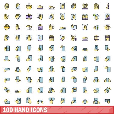 100 el simgesi hazır. El vektörü simgelerinin renk çizgisi beyaz üzerine ince çizgi rengi