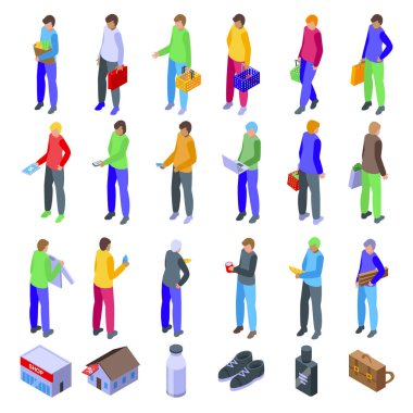 Erkek alıcı simgeleri izometrik vektör ayarlandı. Mağaza kıyafetleri. Alışveriş merkezi çevrimiçi