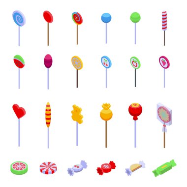 Lolipop simgeleri izometrik vektör ayarladı. Sarmal tatlı. Şeker şekeri