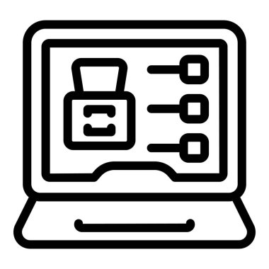 Laptop hack saldırı ikonu ana hat vektörü. Phishing dolandırıcılığı. Koyu veri